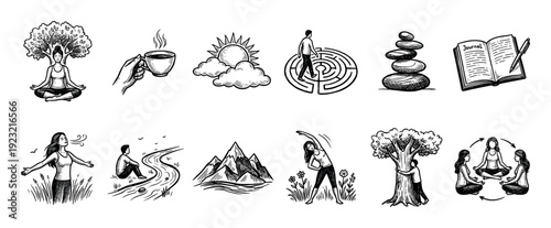 Collection of hand-drawn wellness and nature illustrations, featuring concepts of mindfulness, self-care, and outdoor activities in a serene sketch style on a clean white background