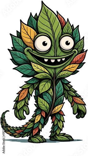 Funny green creature made of leaves stands in a cartoon vector style with a big smile and colorful leaf details on a transparent background