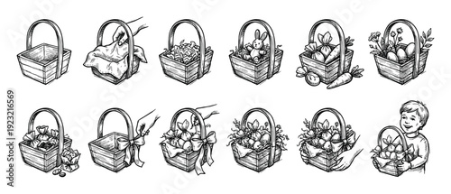 Hand drawn black and white illustration set showing the step-by-step creation of an Easter gift basket with eggs, a bunny, and sweets, isolated on a white background