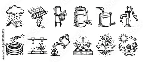 Set of hand-drawn gardening icons showing water conservation, irrigation, rainwater harvesting, and plant growth in a black and white doodle style, isolated on a white background