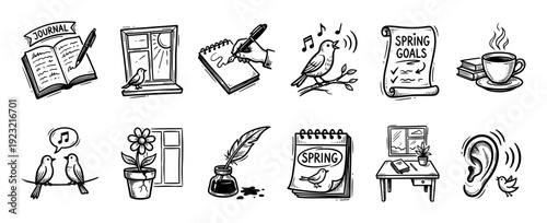 Hand-drawn black and white doodle icon set featuring spring themes like journaling, singing birds, morning coffee, and goal setting, all rendered in a charming sketch style on a white background