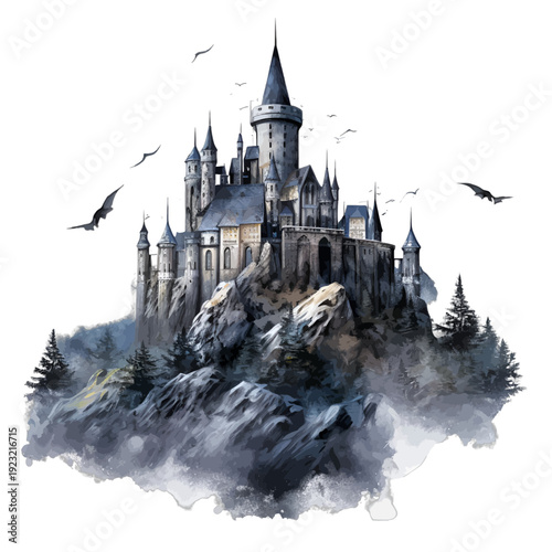 Watercolor Gothic Castle on Rocky Mountain Peak with Bats and Misty Forest - Dark Fantasy Fortress Illustration