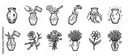 Hand-drawn doodle icon set showing flower arrangement steps, including cleaning a vase, trimming stems, and creating a beautiful bouquet, isolated on a white background