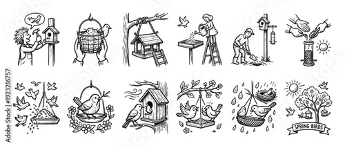 Hand drawn black and white bird feeding illustration set showing people caring for wildlife, building birdhouses, and feeding birds in spring, isolated on a white background
