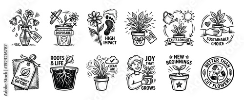 Set of hand-drawn eco-friendly icons promoting sustainable living and potted plants over cut flowers in a vintage sketch style, isolated on a white background