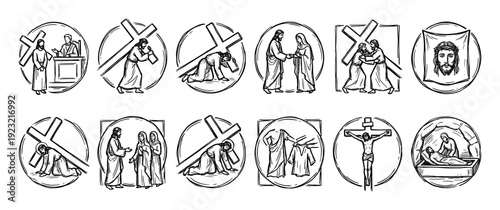 Hand-drawn Stations of the Cross icon set depicting the passion of Jesus Christ, from condemnation to burial, in a minimalist black and white line art style on a white background