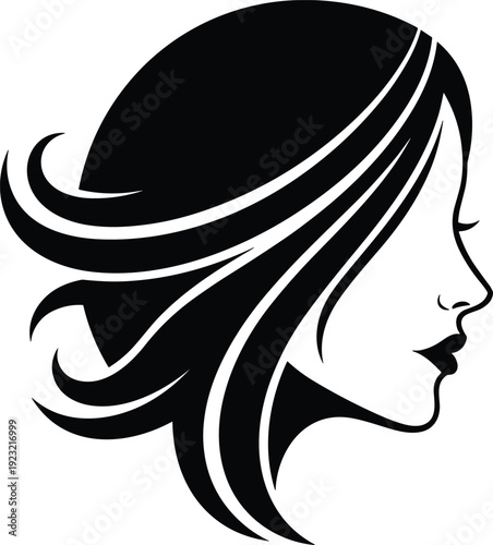 Beautiful Woman Profile Silhouette with Flowing Hair, Vector Illustration of Female Face Side View for Hair Salon Logo and Beauty Spa Branding