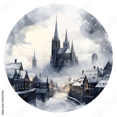 Watercolor Gothic Winter Townscape Clipart with Cathedral Spires, Snow Covered Houses and Misty Atmosphere Illustration