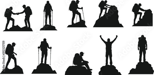 Hiking climber silhouette vector illustration, mountain trekking graphic, outdoor adventure pose, teamwork symbol, mountaineering art, freedom icon design