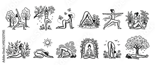 Set of hand-drawn yoga pose illustrations showing a woman practicing various asanas in nature for wellness and mindfulness, isolated on a white background
