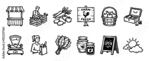 Set of hand-drawn farmers market icons in a vintage sketch style, featuring a vendor, produce, stall, scale, jam jars, and an open sign, isolated on a white background