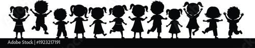 Black silhouettes of twelve children standing in playful poses, joy dance jump celebration concept, childhood group activity illustration design