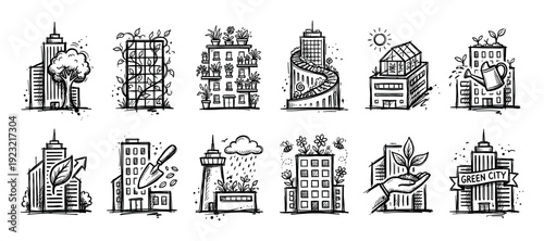Set of hand-drawn green city concept icons showing sustainable architecture, urban gardening, and ecology in a sketchy doodle style, isolated on a white background