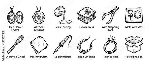 Set of hand-drawn jewelry making icons showing various tools and processes like resin pouring, bead stringing, and engraving in a black and white sketch style isolated on white