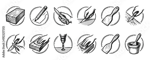 Set of twelve woodworking and carving icons showing the process of creating a handmade wooden object, depicted in a vintage hand-drawn sketch style and isolated on a white background