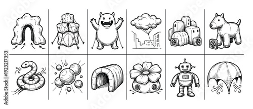 Set of twelve hand-drawn inflatable object icons in a black and white sketch style, featuring a monster, robot, animals, and abstract shapes isolated on a white background
