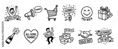 Set of hand-drawn doodle icons for e-commerce, featuring sold out signs, customer appreciation messages, and celebration elements in a black and white sketch style isolated on white