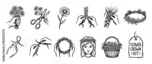Hand drawn flower crown making instruction set with vintage sketch icons showing how to create a DIY daisy wreath, from picking flowers to braiding and wearing the accessory