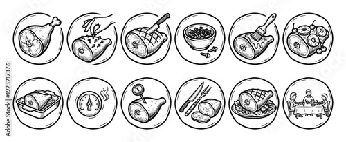 Set of black and white ham cooking icons showing the preparation, baking, and serving process in a vintage hand-drawn line art style, isolated on a white background
