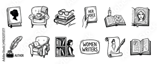 Set of hand-drawn black ink illustrations about women writers, literature, and feminism, featuring books, a quill, and cozy reading elements isolated on a white background