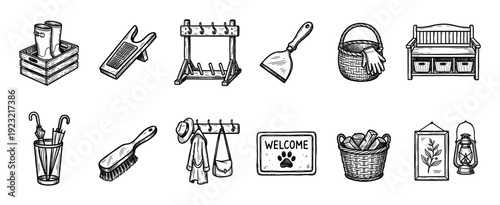 Set of hand-drawn entryway and mudroom icons including boots, umbrella, bench, and lantern in a rustic sketch style isolated on a white background