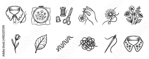 Hand-drawn embroidery and sewing icons set in a vintage sketch style showing needle, thread, hoop, scissors, and floral patterns, isolated on a white background