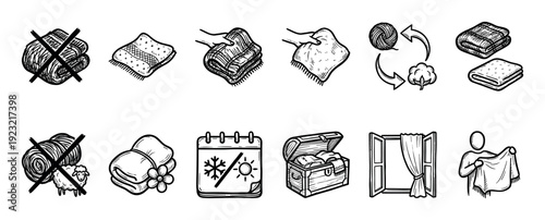 Hand-drawn blanket and textile care icons set illustrating laundry symbols, storage, and material properties in a simple monochrome doodle style isolated on a white background