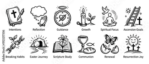 Collection of hand-drawn Christian icons representing spiritual concepts for Lent and Easter, including reflection, growth, and renewal, isolated on a white background