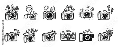 Hand-drawn doodle camera icon set with various nature and outdoor themes like flowers, mushrooms, and landscapes, illustrating the concept of nature photography isolated on white