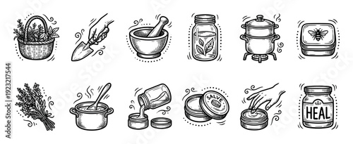 Set of hand-drawn herbal remedy icons showing the process of making natural salves and balms in a vintage engraving or woodcut style, isolated on a white background