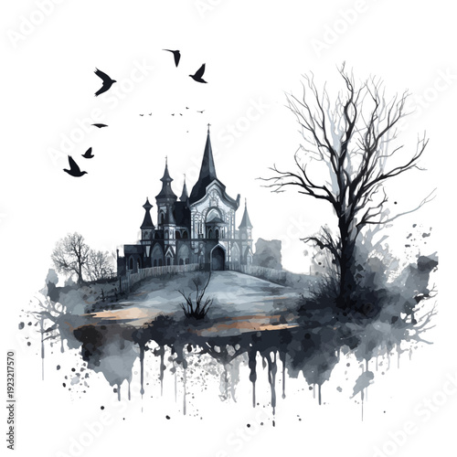 Spooky gothic castle with bare trees and birds watercolor illustration
