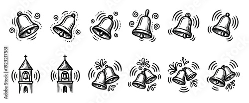 Set of hand-drawn ringing bell icons and church tower illustrations in a black and white doodle style, perfect for holiday or wedding designs, isolated on a white background