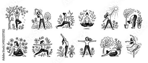 Set of hand-drawn yoga pose illustrations featuring women exercising in nature, a collection of black and white doodle icons for wellness and mindfulness isolated on white