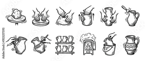 Hand-drawn pottery making process icon set showing the steps of creating ceramics from clay on a wheel to firing in a kiln, in a vintage doodle sketch style isolated on white