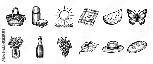 Hand-drawn picnic icon set in a black and white engraving style featuring a basket, food, butterfly, and hat for summer outdoor recreation, isolated on white