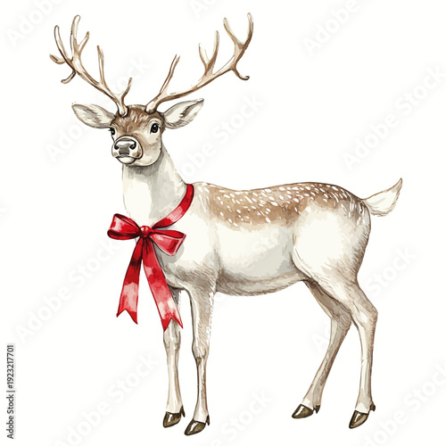 Watercolor Christmas Reindeer Clipart with Red Ribbon Bow and Antlers - Festive Winter Fallow Deer Illustration
