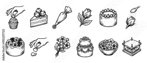 Hand-drawn baking and cake decorating illustrations set featuring cakes, flowers, piping bags, and hands in a vintage engraving sketch style, isolated on a white background