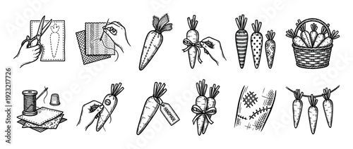 Hand drawn set of icons showing the process of making handmade textile carrots, a DIY craft project with sewing and decorating steps in a vintage sketch style isolated on white