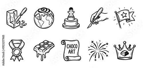 Hand-drawn black and white chocolate icons set representing art, awards, and celebration for a festival or world day, isolated on a white background