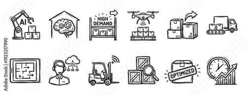 Hand-drawn doodle icon set for supply chain management, featuring warehouse automation, drone delivery, forklift, and optimization symbols in a black and white sketch style isolated on white