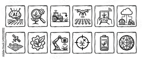 Smart farming technology icon set hand-drawn in a black sketch style illustrating concepts like AI, drones, and automation, isolated on a white background