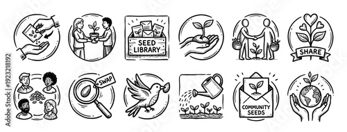 Hand-drawn seed sharing and community gardening icons set in a black and white doodle style, illustrating concepts of swapping, planting, sustainability, and ecology isolated on white