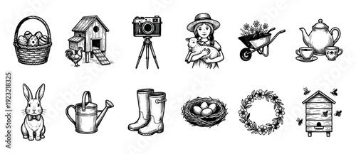 Set of hand-drawn vintage farm icons featuring a rabbit, lamb, chicken, and Easter eggs in a black and white sketch style isolated on a white background