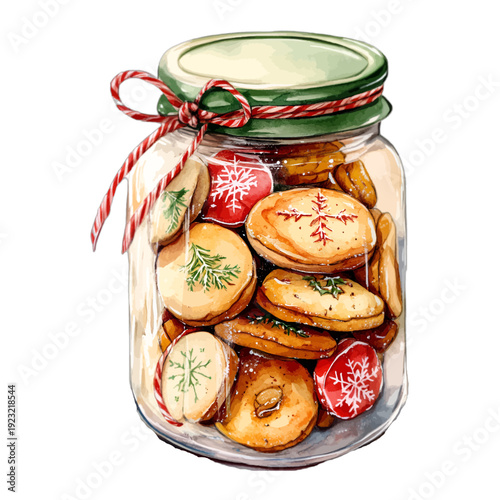 Watercolor Christmas Cookie Jar Clipart with Festive Decorated Biscuits and Red Ribbon Bow Illustration