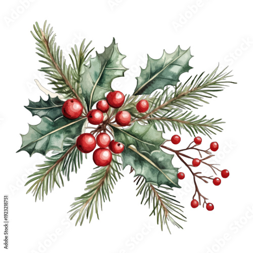 Christmas holly and pine branch with red berries watercolor illustration