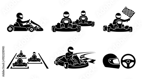Go kart racing silhouette icon set vector illustration showing driver in action on track holding checkered flag auto motorsport competition isolated black pictogram graphic design