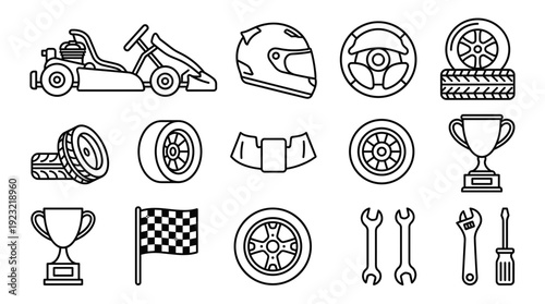 Go kart racing outline icon set vector illustration featuring protective helmet steering wheel tires winner trophy checkered flag wrench screwdriver motorsport equipment line design