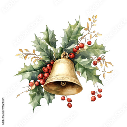 Watercolor Illustration of a Golden Christmas Jingle Bell with Holly Leaves and Red Berries Isolated on White Background