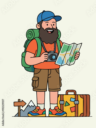 Happy bearded man traveler with backpack holding map and standing by suitcase