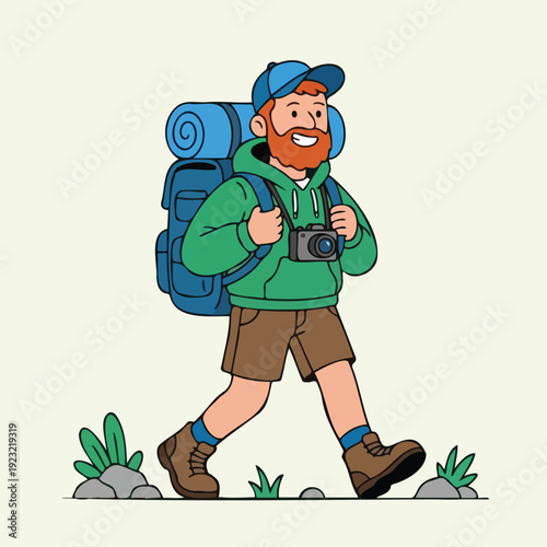 Smiling male character hiking with a large backpack and photo camera